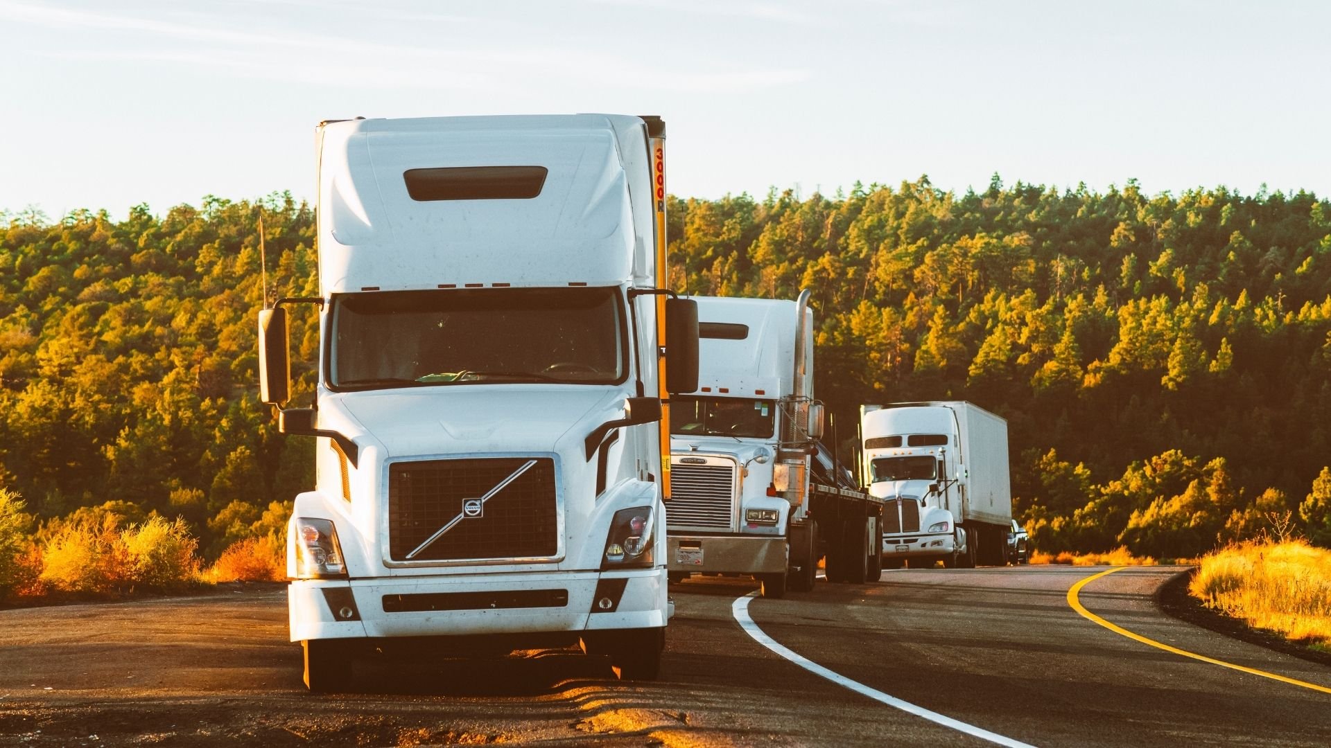 Three white semi-trucks driving on a highway through a desert landscape with golden shrubs.